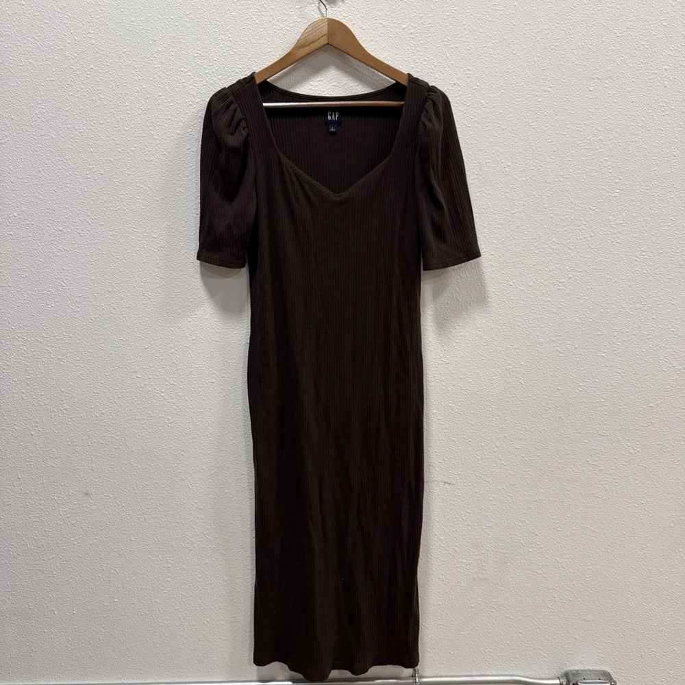GAP Retro Bombshell Sweetheart Neck Midi Knit Dress Ginger Ribbed Brown Size L - Picture 2 of 7